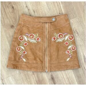 Free People Alanis Moto Brown Faux Leather Embroidered Front Zipper Mini Skirt 2
